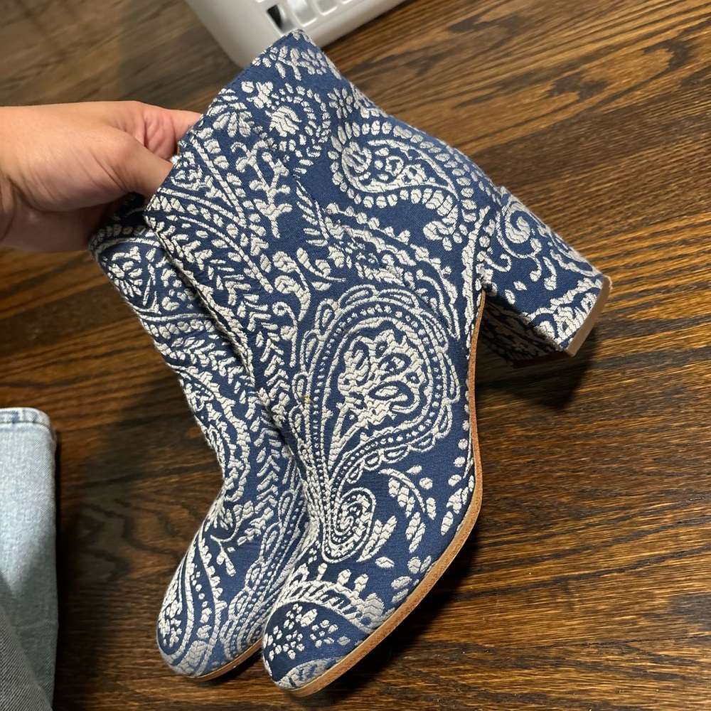 Blue and White Paisley Ankle Boots